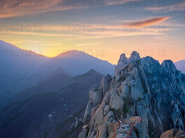 View of stones and rock formations from Ulsanbawi rock peak on sunset. Seoraksan National Park