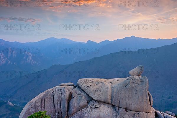 View of stones and rock formations from Ulsanbawi rock peak on sunset. Seoraksan National Park