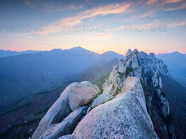 View of stones and rock formations from Ulsanbawi rock peak on sunset. Seoraksan National Park