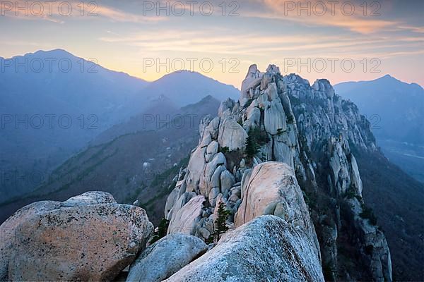 View of stones and rock formations from Ulsanbawi rock peak on sunset. Seoraksan National Park
