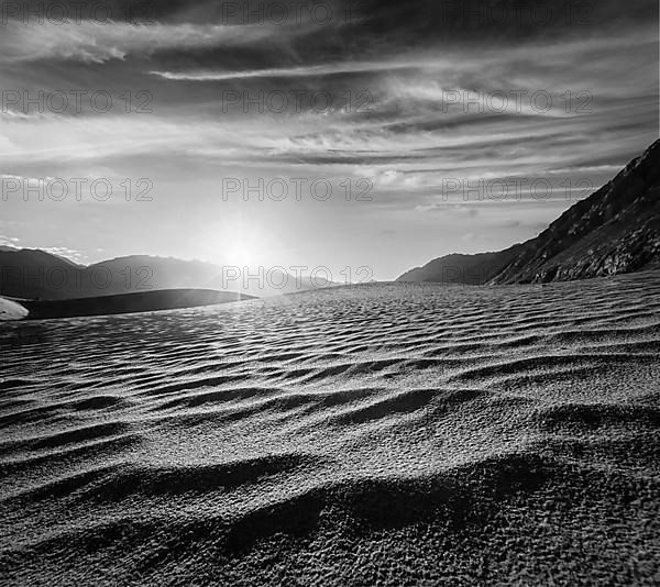 Sand dunes in Himalayas on sunrise. Hunder