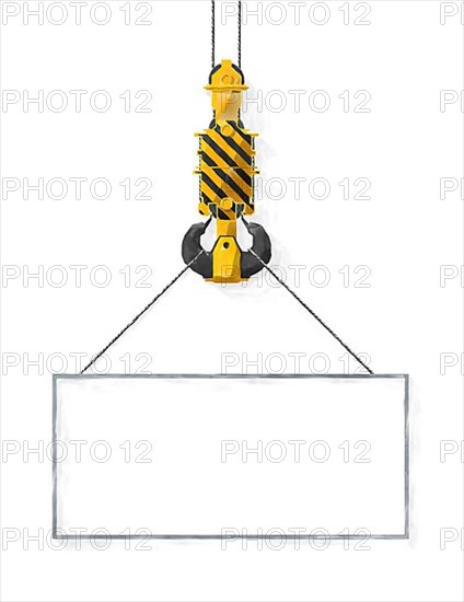 Watercolor style drawing of a crane hook with empty sign over white background