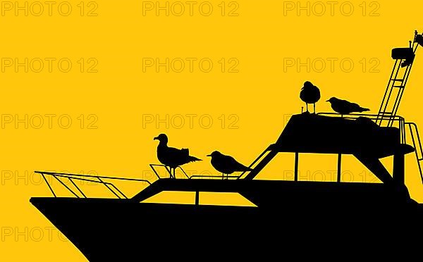 Marine sceneray background with seagulls silhouettes on on a motor yacht