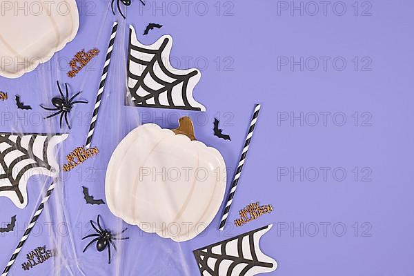 Halloween party flat lay with pumpkin shaped plate