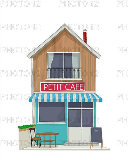 Street view of a small city street cafe with terrace