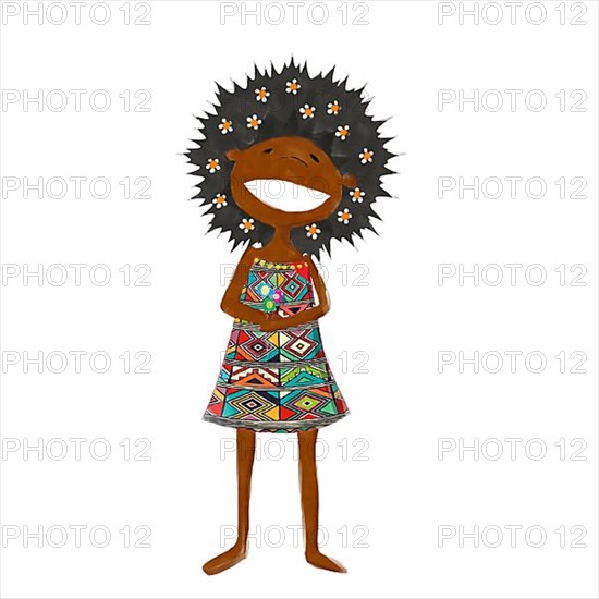 Watercolor style drawing of a african gril with flowers