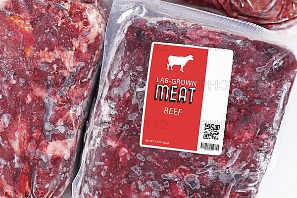 Lab grown cultured meat concept for artificial in vitro cell culture meat production with frozen packed raw meat with made up label