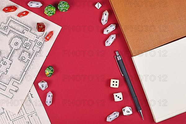 Tabletop role playing flat lay with RPG game dices