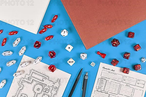 Tabletop role playing flat lay with RPG game dices