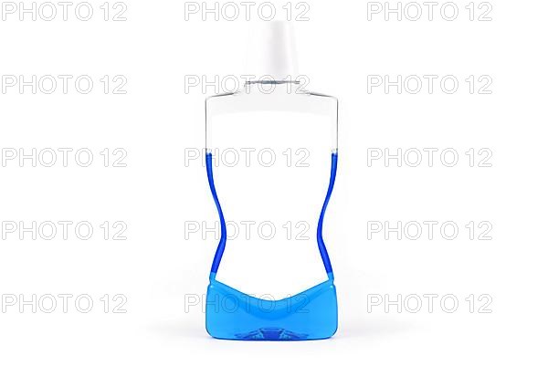 Plastic bottle with blue moutwash and blank label isolated on white background