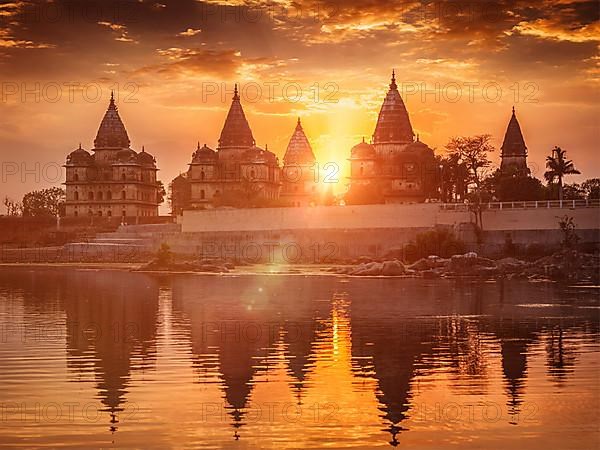 View of Royal cenotaphs of Orchha over Betwa river. Orchha