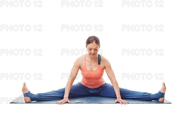 Woman doing Ashtanga Vinyasa Yoga asana Upavistha konasana