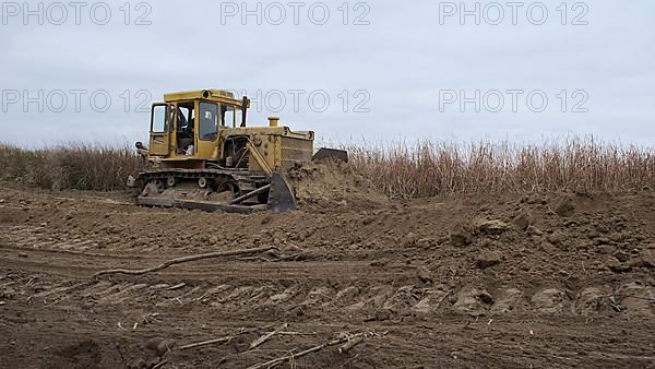 Bulldozer removes dam in the delta Danube river. Close up