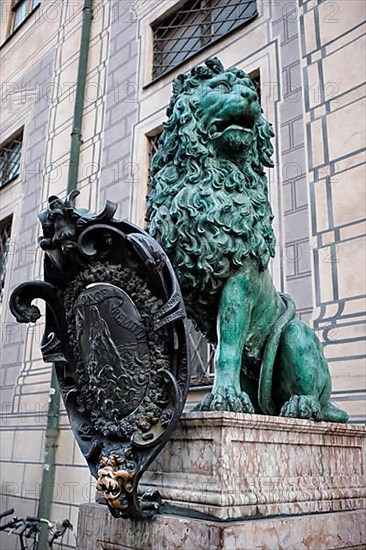 Bavarian lion statue at Munich Alte Residenz palace in Odeonplatz. Munich