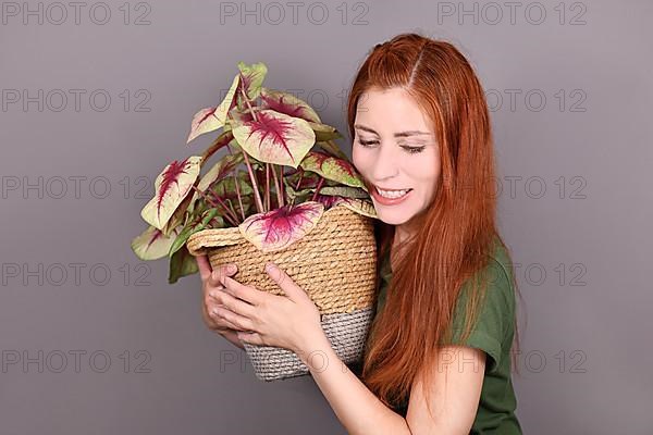 Woman with red hair hugging tropical Caladium houseplant in flower pot