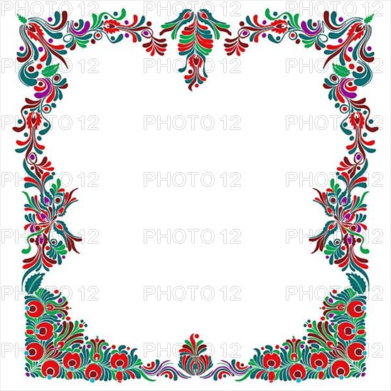 Hungarian folk style floral frame over white background with copy space