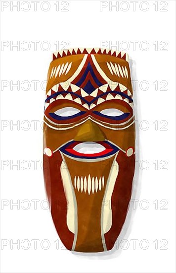 Watercolor style drawing of a African tribal mask over white background