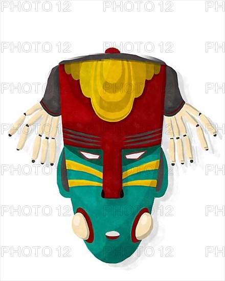 Watercolor style drawing of a tribal mask against white background