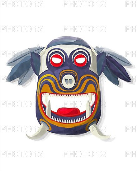 Watercolor style drawing of a tribal mask against white background