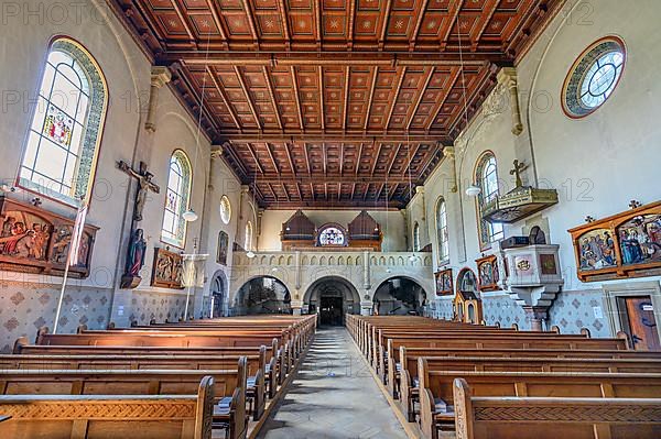 Organ loft and coffered ceiling of the Church of St. Martin in Blaichach