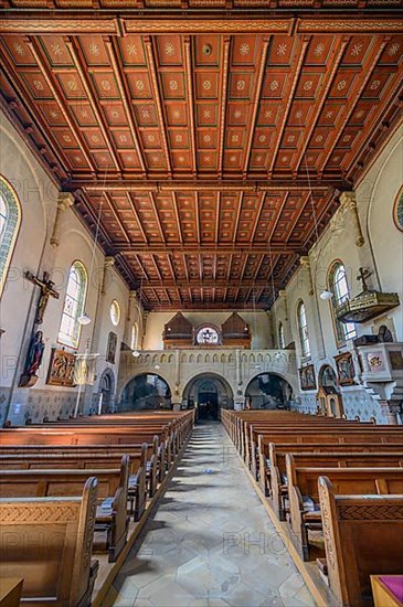 Organ loft and coffered ceiling of the Church of St. Martin in Blaichach