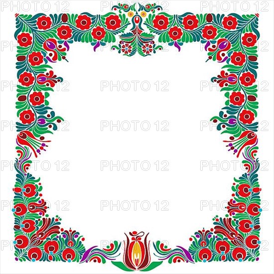 Hungarian folk style floral frame over white background with copy space