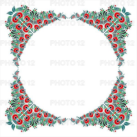 Hungarian folk style floral frame over white background with copy space