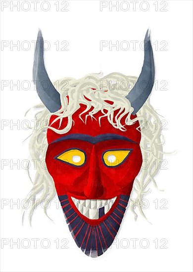 Watercolor style drawing of a Buso mask over white background