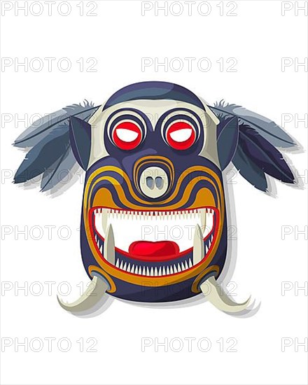 Vector painted tribal mask with feathers over white background
