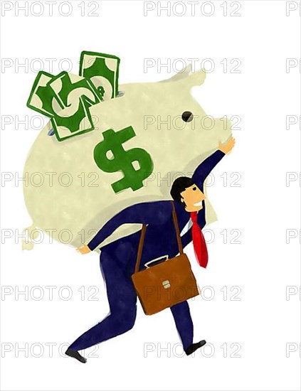 Watercolor style drawing of a business man with piggy bank over white background