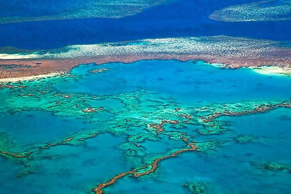 Aerial view of the Great Barrier Reef of the Whitsundays in the Coral Sea