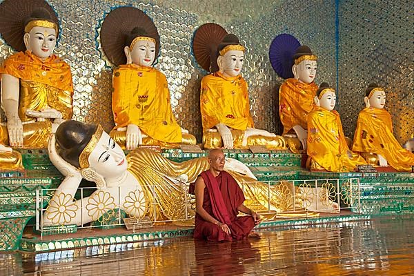 Buddhist monk praying in front of Buddha statues at the Shwedagon Zedi Daw Pagoda in Yangon