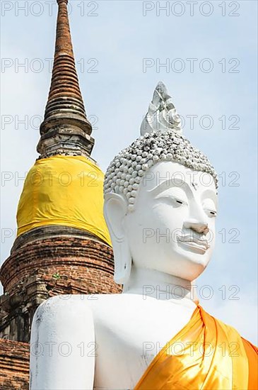 Buddha statue in front of the stupa in Wat Yai Chai Mongkhon