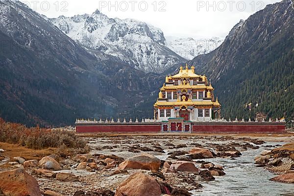 Tibetan temple with golden roof dedicated to Guru Rinpoche