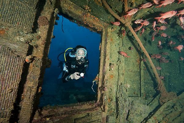 Diver swimming in wreck of Silver Star