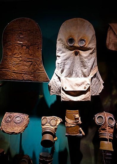 Collection of gas masks from the First World War in the Memorial Museum Passchendaele 1917 in Zonnebeke