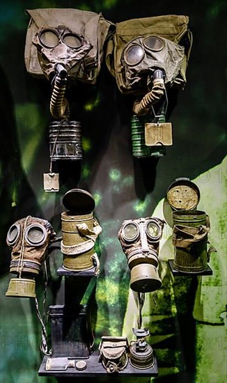 Collection of gas masks from the First World War in the Memorial Museum Passchendaele 1917 in Zonnebeke