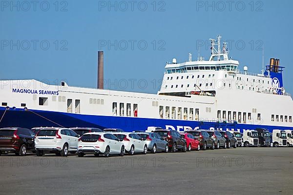 Cars from the Volvo Cars assembly plant waiting to be loaded onto the roll-on/roll-off/roo-ship at the seaport of Ghent