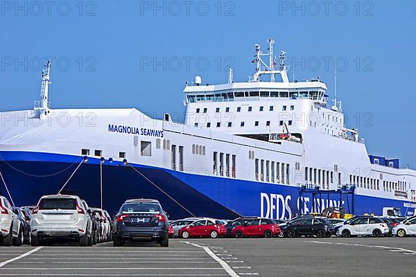 Cars from the Volvo Cars assembly plant waiting to be loaded onto the roll-on/roll-off/roo-ship at the seaport of Ghent