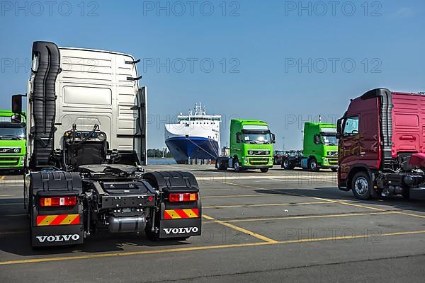 Trucks from Volvo Trucks' assembly plant waiting to be loaded onto the roll-on/roll-off/roo-ship at the seaport of Ghent