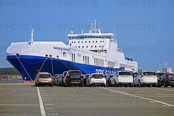 Cars from the Volvo Cars assembly plant waiting to be loaded onto the roll-on/roll-off/roo-ship at the seaport of Ghent