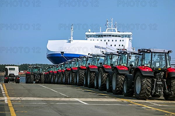 Tractors from Volvo Trucks' assembly plant waiting to be loaded onto the roll-on/roll-off/roo-ship at the seaport of Ghent