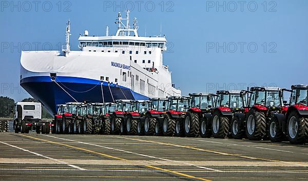Tractors from Volvo Trucks' assembly plant waiting to be loaded onto the roll-on/roll-off/roo-ship at the seaport of Ghent