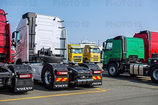 Trucks from Volvo Trucks' assembly plant waiting to be loaded onto the roll-on/roll-off/roo-ship at the seaport of Ghent