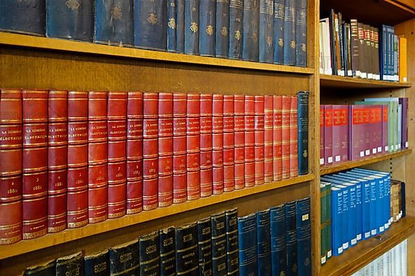 Interior with large bookshelves with book collections in the University Library of Leuven