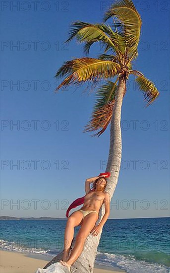 Woman leaning against coconut palm