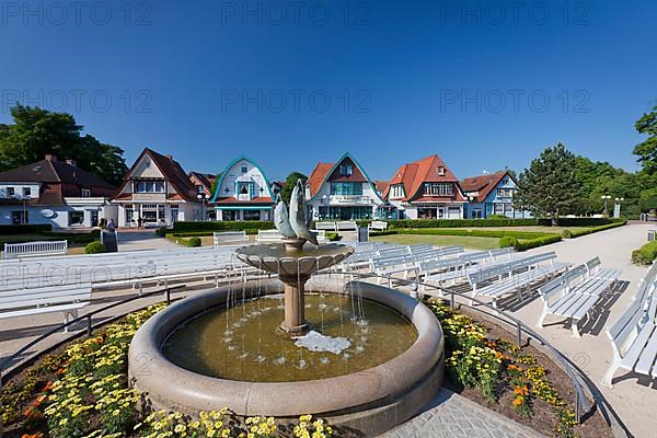 Fountains and benches in the spa gardens of the seaside resort of Boltenhagen