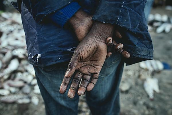 Hands of one of the captains of the fishing boats with scales