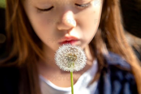 Seven year old girl making a wish while blowing on a dandelion