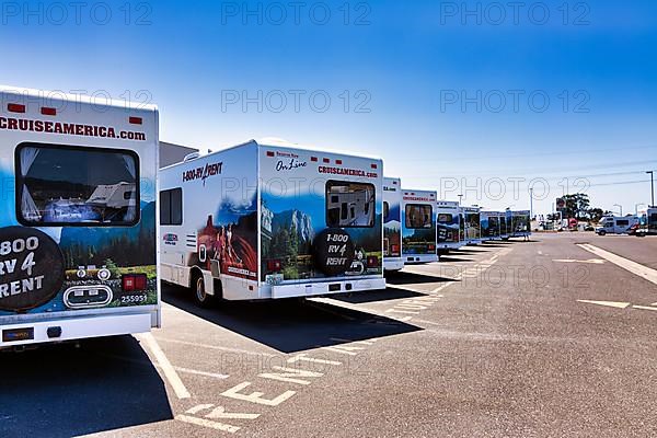 Many motorhomes with company logo are available for rent side by side in a company car park